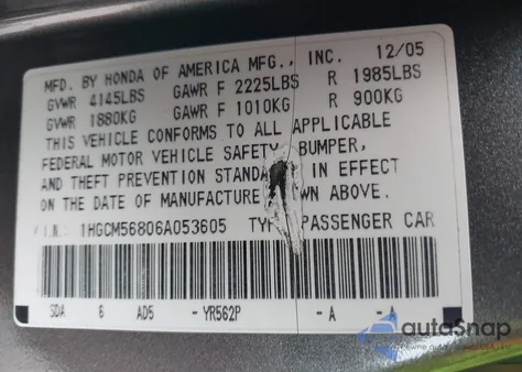 2006 Honda Accord 2.4 Ex из США, поврежденный, VIN 1HGCM56806A053605